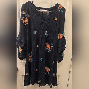 Figueroa&flower Navy Blue And Orange Embroidered Ruffled Tiered Mini Sundress.